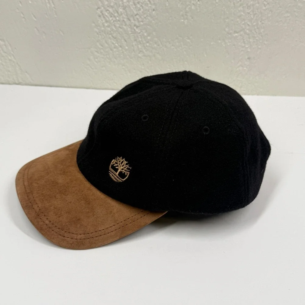 Timberland Baseball Cap Wool Leather Brim Black Strapback Logo Casual Outdoor OS
